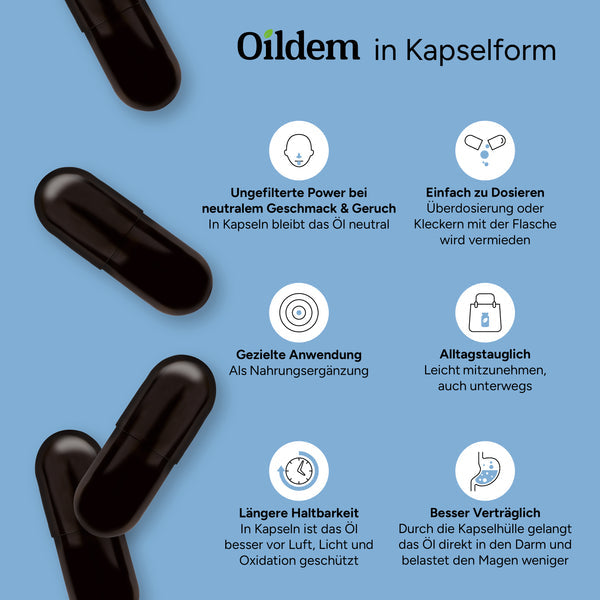 Oildem Bio Schwarzkümmelöl Kapseln vegan (ungefiltert)